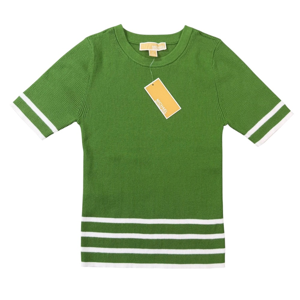Michael Kors Women's True Green Ribbed Striped Short Sleeve Sweater Top Size M